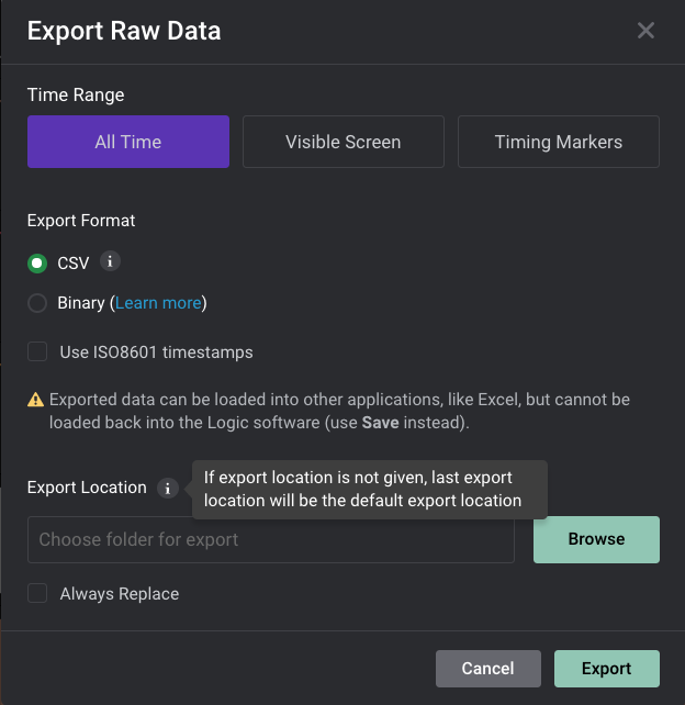 Export Raw Data Window - 2