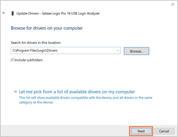 New Hardware Wizard Installation - Browse to Driver Location